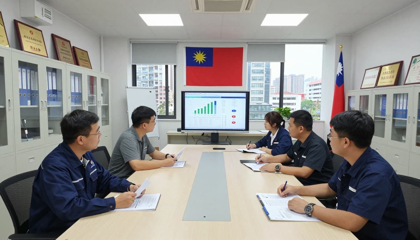 如何選低風險工會加保?三大風險比較一次看 In a spacious conference hall of a Taiwanese industry union office, four diverse workers (two men, two women in uniforms) seated around a long table discuss documents amid charts showing stable finances and member statistics, with file cabinets, awards, city view, and Taiwan flag evoking stability and abundance.