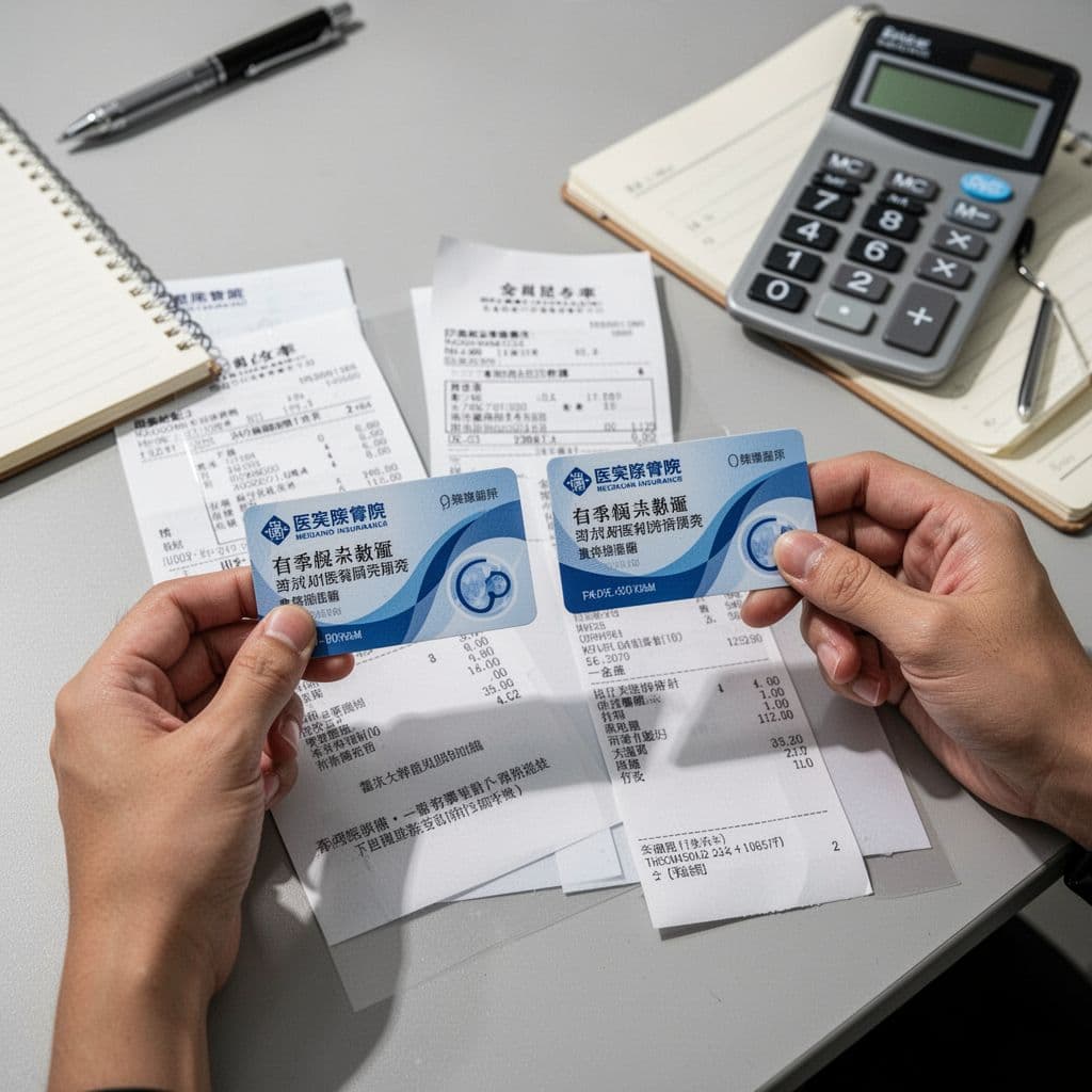 Close-up of two identical Taiwanese medical insurance policy cards placed side by side on a table next to a hospital receipt and calculator, with subtle overlapping shadow suggesting duplication in a simple home office setting.