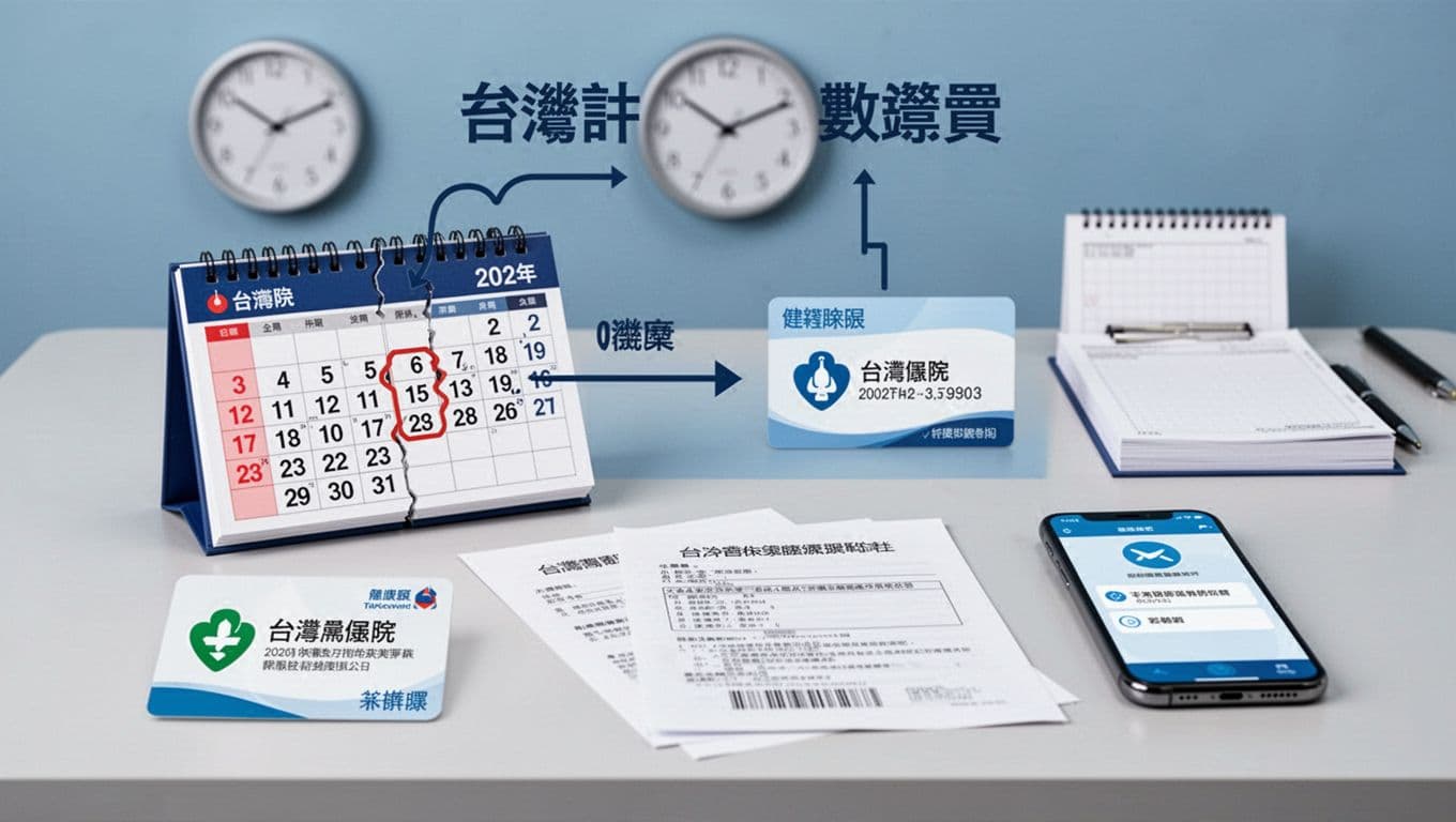 Infographic-style illustration of a Taiwanese worker's job transition, featuring a calendar showing an employment gap, health insurance card, enrollment documents, and phone on a plain office desk with soft blue lighting. No people or text visible.