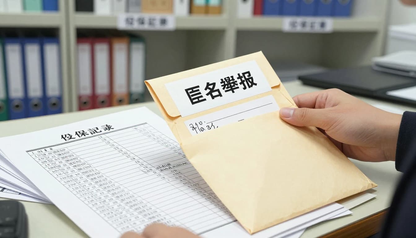 A realistic illustration of a Taiwanese labor insurance office where a clerk opens an envelope marked '匿名舉報' on a desk cluttered with low-salary insurance forms, under fluorescent lighting.