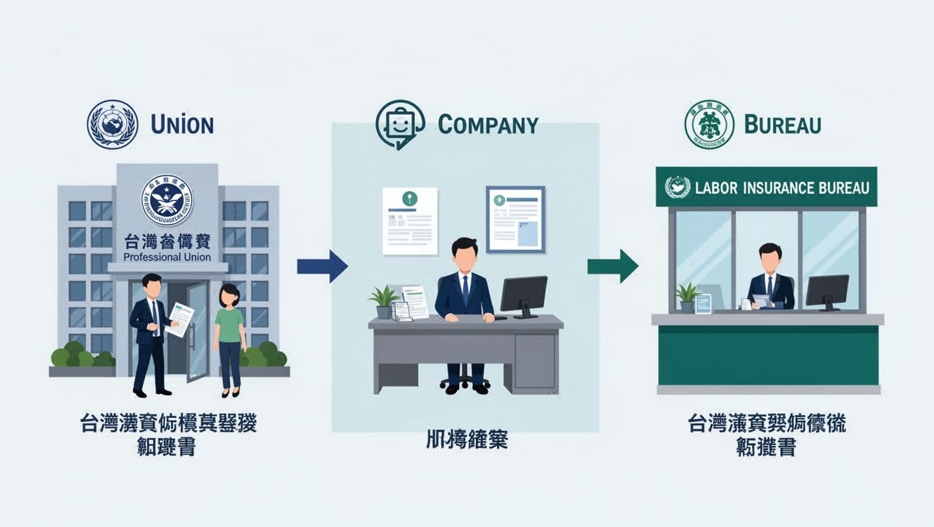 Infographic-style illustration depicting three locations for Taiwanese labor insurance applications: professional union building, company HR office, and Labor Insurance Bureau counter, connected by arrows in flat blue-green vector design with one person per scene.