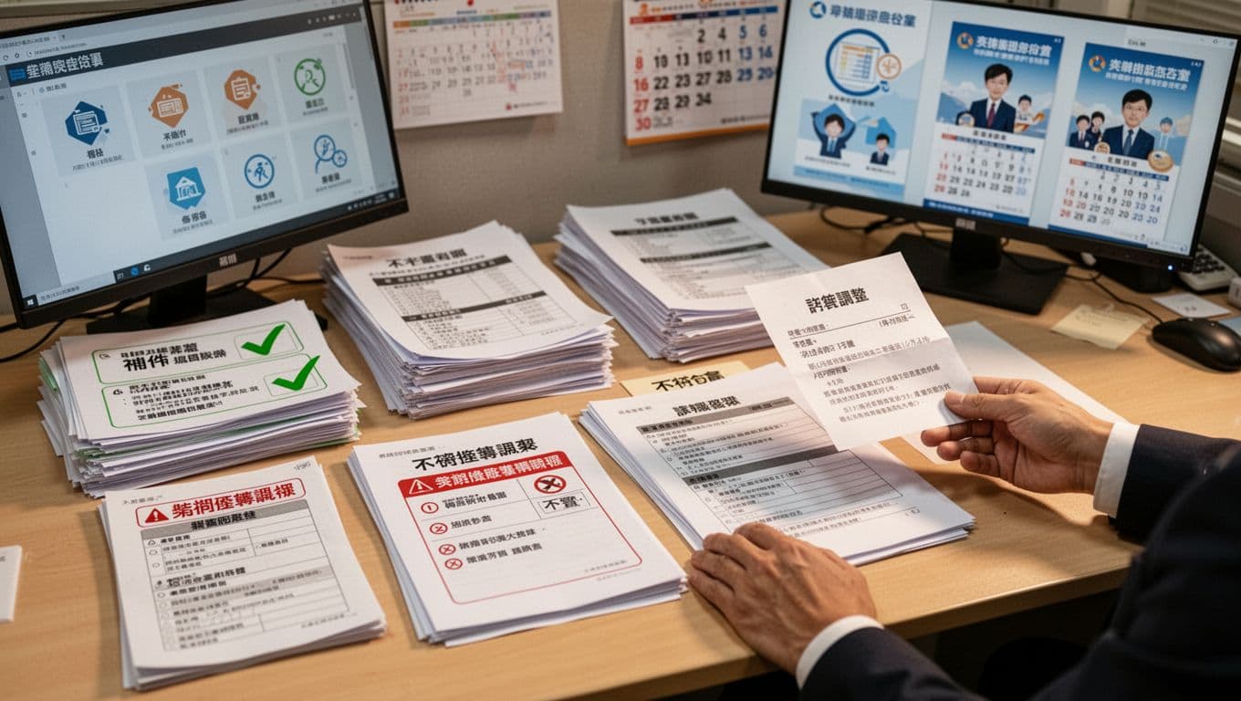 Realistic Taiwanese office desk scene with labor insurance audit documents sorted into four categories: approved supplements, salary adjustments, qualification denials, and violation warnings. One person's hands hold a notification letter, computer shows result icons, warm lighting, professional documentary style.