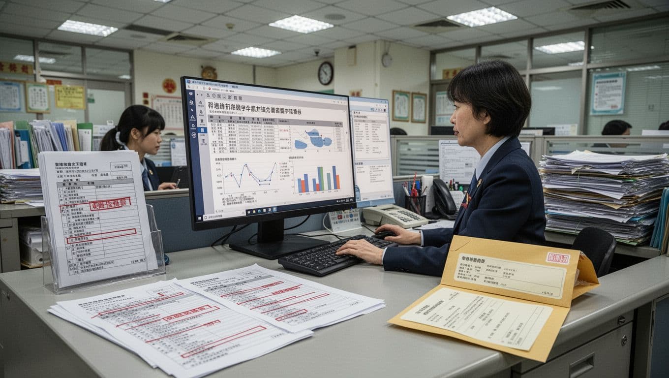 Realistic scene in a Taiwanese labor insurance office featuring one clerk at a desk reviewing computer records showing duplicate entries and interrupted coverage, with printed forms marked in red and an envelope of transfer documents nearby.