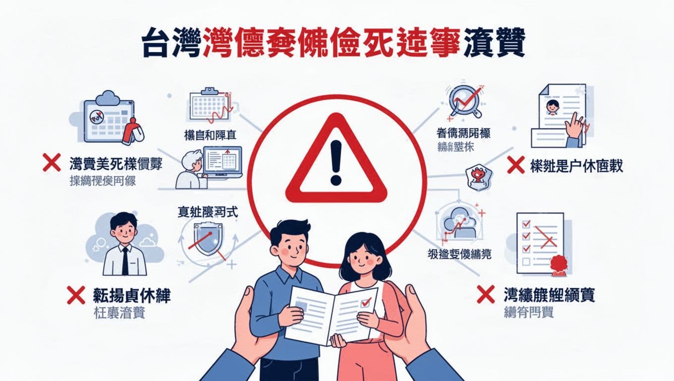 Flat illustration infographic showing common rejection reasons for Taiwanese labor insurance death benefits applications, with a central warning icon surrounded by five explanatory icons marked with red X's and a family figure reviewing documents.