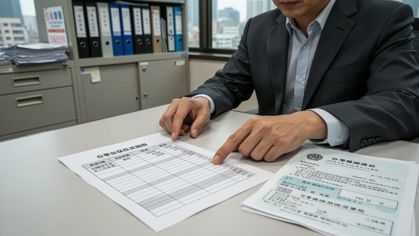 工會加保被要求面談,常見問題有哪些? A Taiwanese person at a simple office desk inspects a printed union insurance income summary table showing dates, clients, work, and amounts, with bank transfer proof and contract copies nearby. Hands point naturally at the table in a focused, calm realistic photography style with high detail.