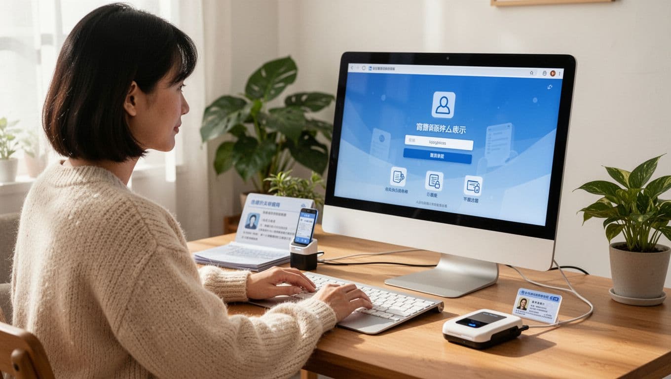 A Taiwanese person in a cozy home setting uses a computer to log into the Labor Insurance Bureau e-service platform with a natural person certificate reader connected to the laptop, screen showing login success abstractly with icons for records, ID card and certificate device on desk, relaxed pose, bright daylight lighting, realistic photo style, calm and empowered mood, simple background with plants, exactly one person, two hands visible naturally resting, no extra people, no detailed screen text just placeholders, no watermark.