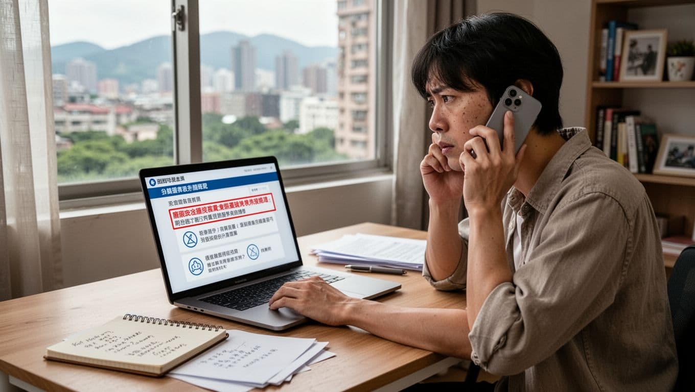 工會加保年資被取消,還能救回來嗎?一般處理方向 A focused Taiwanese individual at a home desk holds a phone call to the Labor Insurance Bureau, with a laptop open to a query page highlighting abstract revocation reasons and missing proofs icons, notebook with notes nearby, showing a concerned yet determined expression in soft home office lighting.