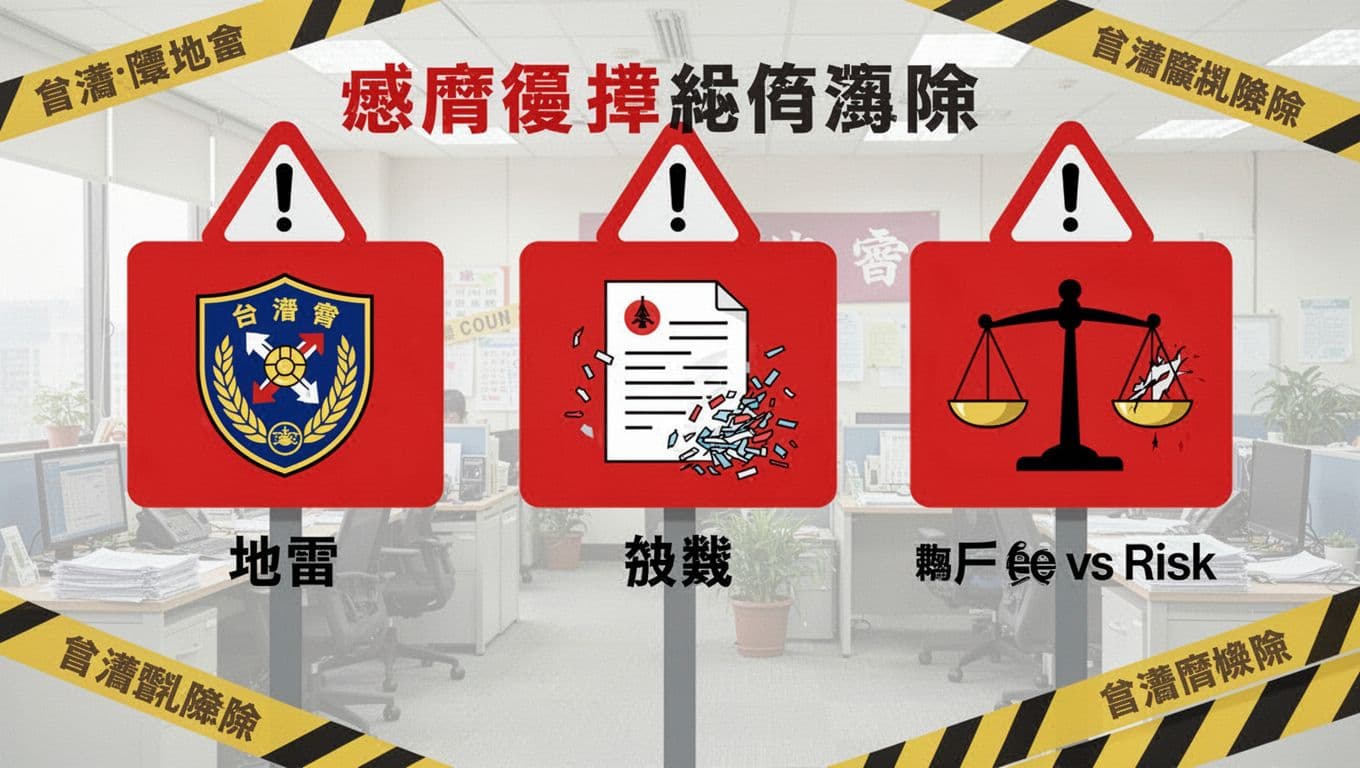 工會退保後勞保空窗怎麼補?4種可行選項完整整理 Landscape vector illustration of three red warning signs highlighting common labor insurance pitfalls: wrong union choice, fake data, and low premium traps, set against a faded Taiwanese office background with caution tape elements.