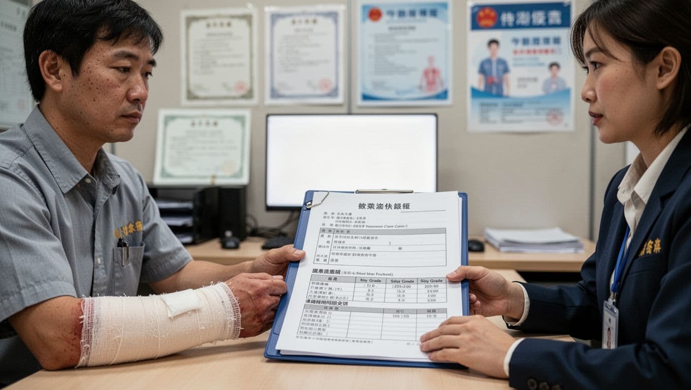 Photorealistic image of an injured Taiwanese worker consulting a union staff member over occupational injury insurance forms in a professional office setting.