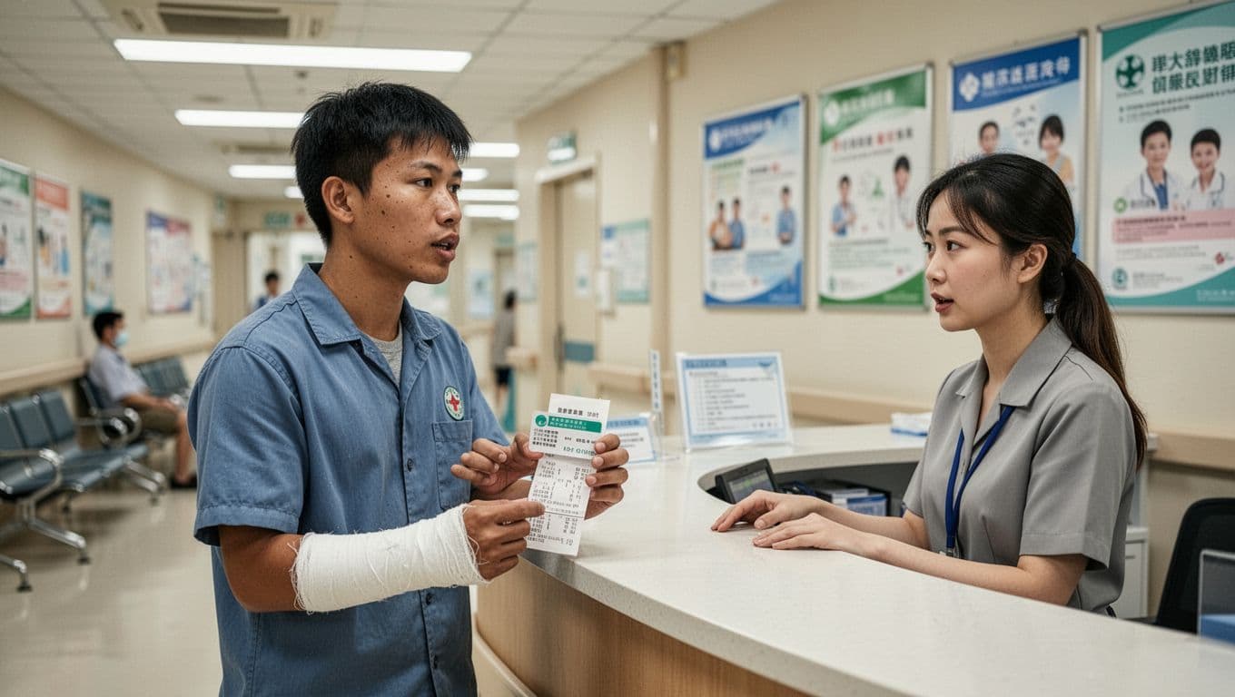 A young Taiwanese day laborer with a bandaged arm stands calmly at a hospital reception desk, holding a national health insurance card and medical receipt while speaking to a receptionist in a clean waiting area.