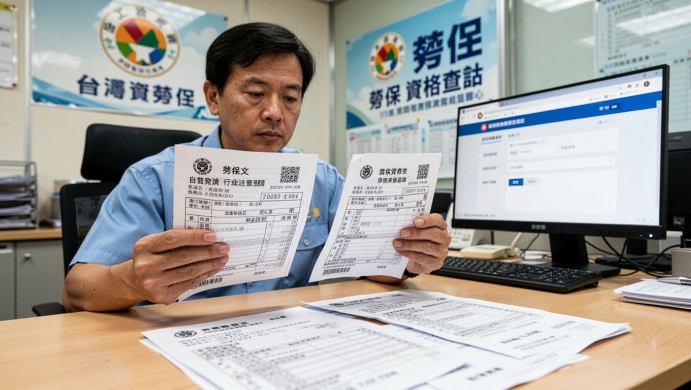 工會加保客服說法與法規不一致怎麼辦?3步確認法 A focused Taiwanese worker sits at an office desk holding and checking labor insurance documents, self-employed invoices, industry certificates, and work contracts. The background includes a union logo poster and a computer displaying the labor insurance eligibility query page, captured in realistic photography style with bright indoor lighting and detailed foreground document focus.