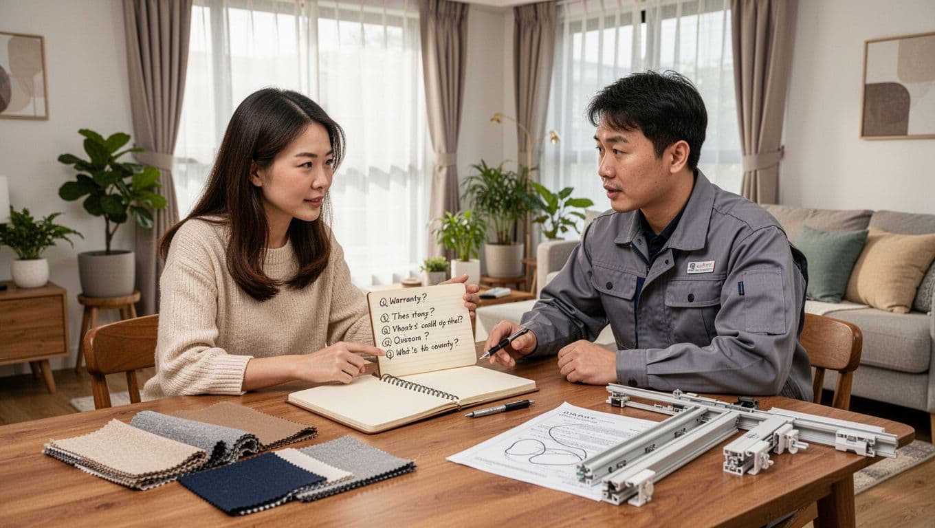 Photorealistic scene in a bright Taiwanese living room showing a female homeowner in casual clothes and a male curtain installer in work uniform seated at a wooden table, discussing warranty terms with notebook, fabric swatches, track samples, contract, and pen on the table.