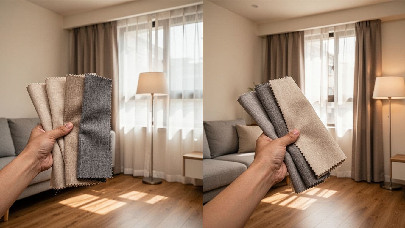 Split-view photorealistic image of a hand holding 3-5 beige, gray, and neutral curtain fabric swatches in a cozy modern Taiwanese living room, shown against the wall near a sofa, near the window with backlighting, and from 2-3 meters away, with natural daylight and warm lamp light.