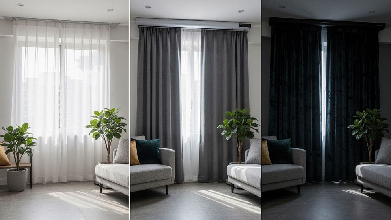 A modern Taiwanese living room showcases three side-by-side custom curtain upgrades: basic single-layer sheer on the left, mid-range double-layer blackout and thermal on motorized track in the middle, and luxury triple-layer blackout, thermal, and soundproof velvet on silent track on the right. Each setup includes exactly one sofa and potted plant in minimalist style with natural daylight.