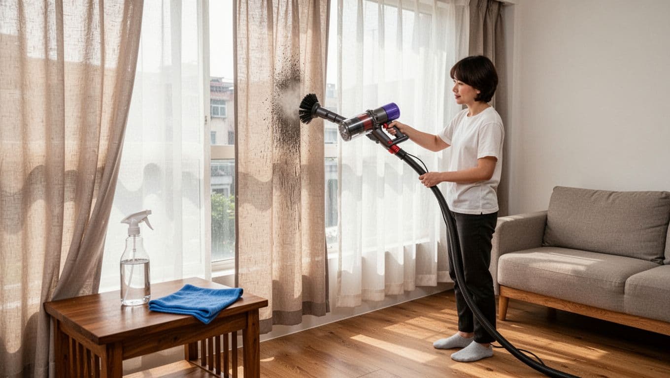 A bright Taiwanese living room with large windows and hanging custom fabric curtains being gently cleaned by one person using a handheld vacuum with soft brush attachment from top to bottom. A damp microfiber cloth rests on a wooden side table next to a spray bottle, with soft folds in neutral colors, wooden floor, simple sofa, and natural daylight creating a clean airy mood in realistic photography style.