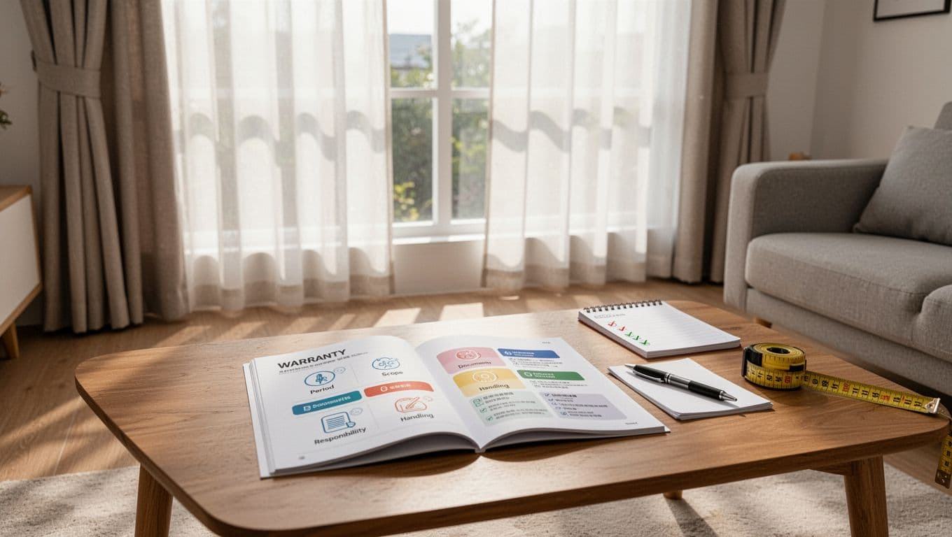 A photorealistic scene in a bright Taiwanese living room shows an open warranty booklet for curtains on a wooden coffee table, with a notepad, pen, and measuring tape nearby. Soft sunlight filters through custom curtains, creating a warm, minimalist atmosphere with no people or text.