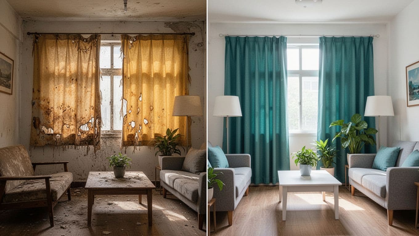 Side-by-side realistic photo split down the middle: left shows a dim, worn Taiwanese living room with faded cheap curtains; right shows a bright, cozy one with vibrant new high-quality curtains, no people.