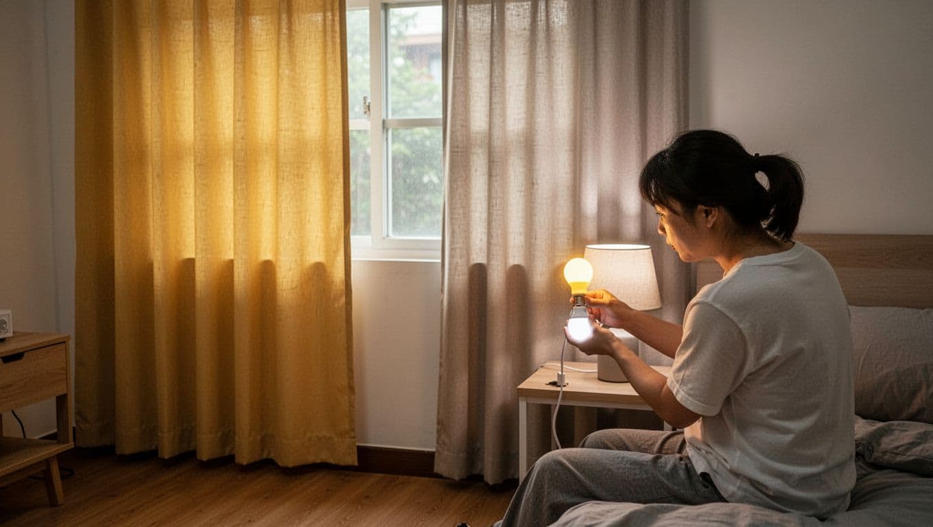 A realistic Taiwanese living room scene where a person replaces a warm yellow light bulb with a neutral white one on a bedside lamp, adding a cool-toned auxiliary lamp to balance lighting, with beige curtains shifting color under soft daylight.