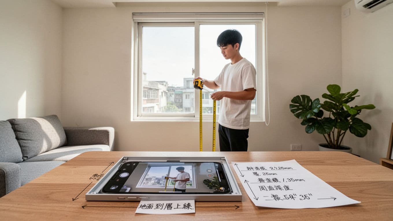 In a bright modern Taiwanese living room, a young homeowner holds a tape measure by a neat central window, with a table displaying phone-captured panorama and close-up photos plus handwritten dimension notes like wall-to-wall distance and window depth.