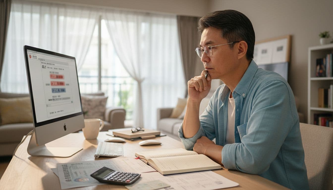 一位四十多歲的台灣中年人坐在明亮的居家辦公桌前，專注查看電腦上的勞保局年資查詢畫面，桌上散放身分證、國民年金補繳通知單、計算機和筆記本。