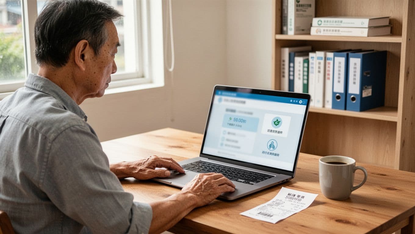 工會加保期間最容易忽略的10個小細節 In a bright Taiwanese home office, a middle-aged man with short hair sits focused at a wooden desk, viewing a blurred national health insurance status page on his laptop, hands relaxed near a receipt and coffee mug, with a bookshelf of insurance folders softly blurred in the background.