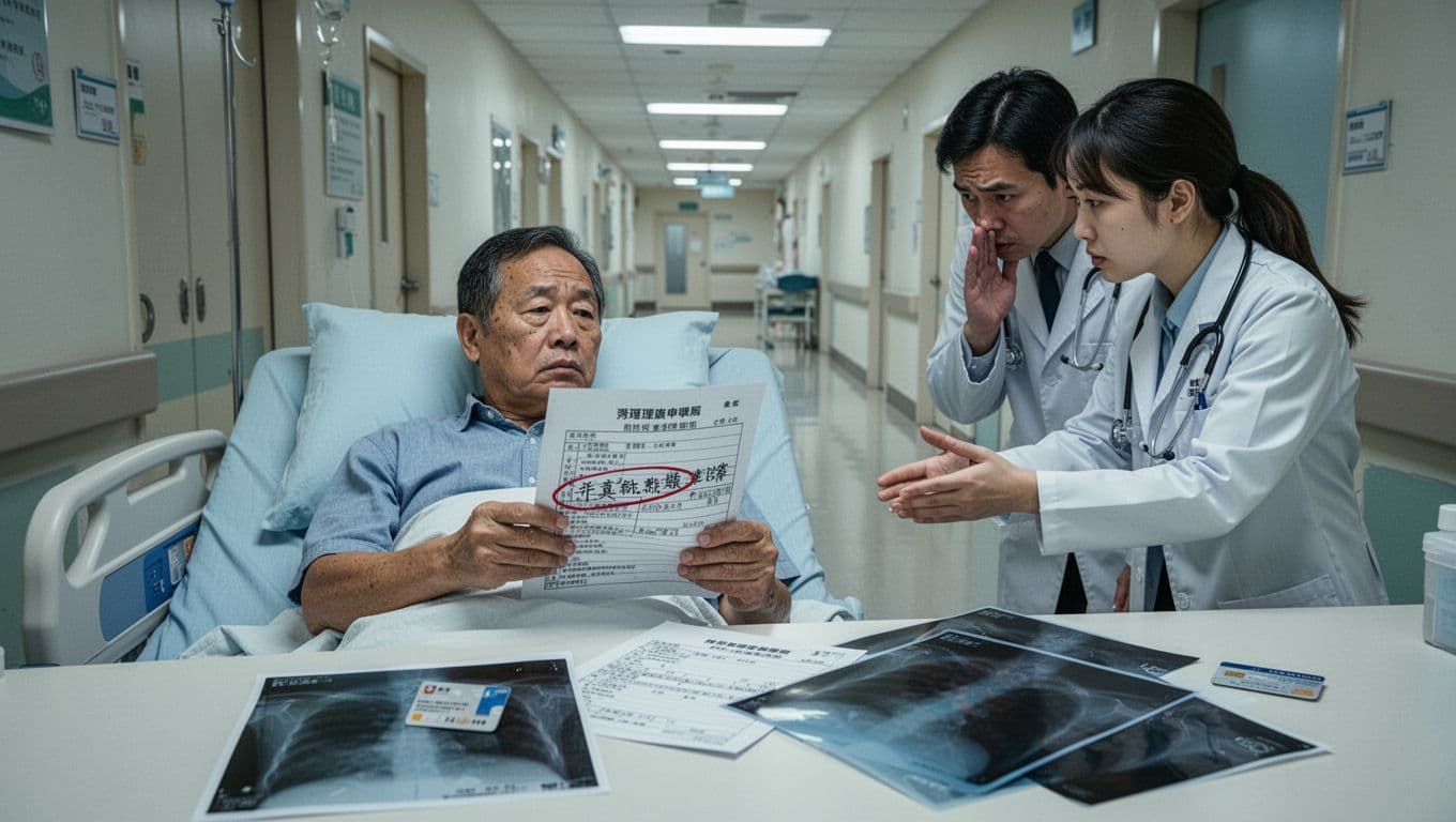如何選低風險工會加保?三大風險比較一次看 A middle-aged Taiwanese man lies anxiously in a hospital bed holding a labor insurance claim document, with a staff member shaking their head in refusal beside him. Scattered X-rays and health card on the table highlight questioned fake employment details in a realistic, brightly lit but cold-toned Taiwanese hospital corridor.