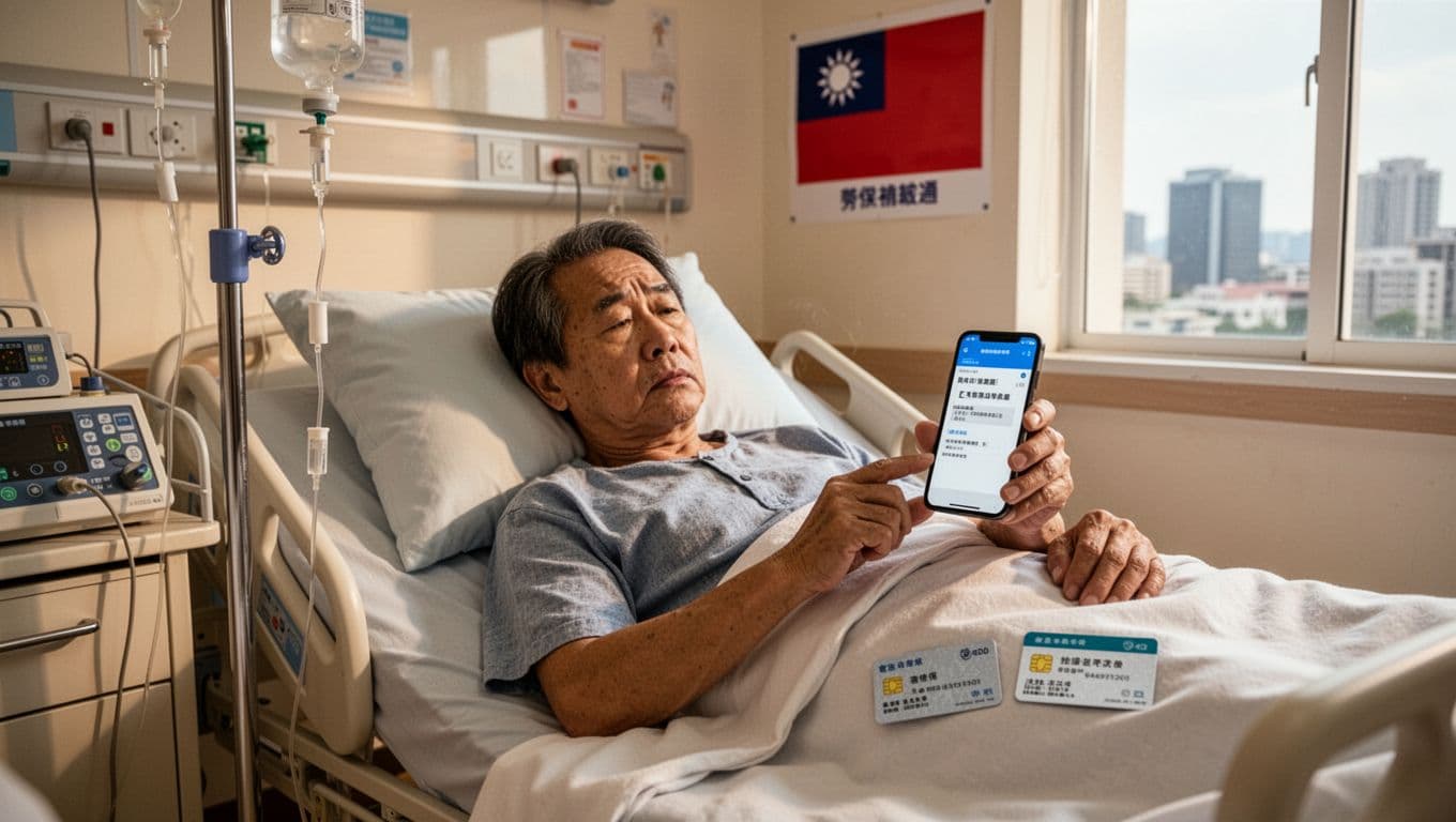 A middle-aged Taiwanese man lies on a hospital bed, right hand holding a phone displaying a labor insurance repayment notice, with labor and health insurance cards nearby, expression of worry and focus. The realistic scene features IV stand, medical instruments, Taiwanese hospital room with flag poster and city view.