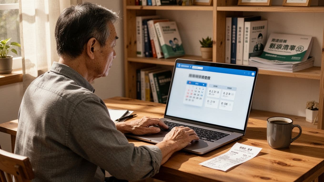 工會加保期間最容易忽略的10個小細節 A middle-aged Taiwanese man with short hair sits focused at a wooden desk in a cozy daytime home office, viewing a blurred labor insurance query page on his laptop with calendar icons, hands on keyboard, near a receipt, coffee mug, and insurance bookshelf.