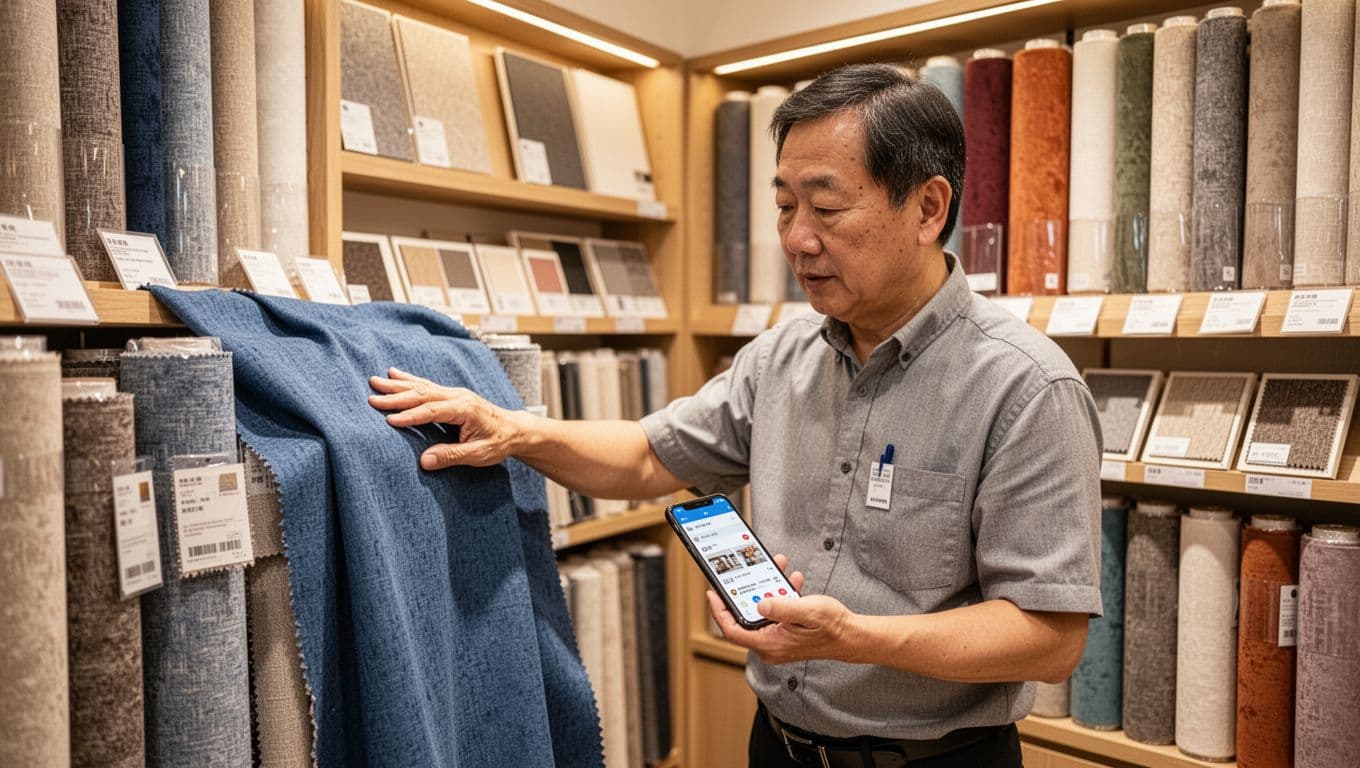 訂製窗簾報價要不要含到貨檢查?品質確認全指南 A middle-aged Taiwanese man in a bright custom curtain specialty store touches a thick blue fabric sample with one hand while browsing reviews on his phone with the other. Neat shelves stocked with colorful fabric rolls fill the background under warm, inviting lights.