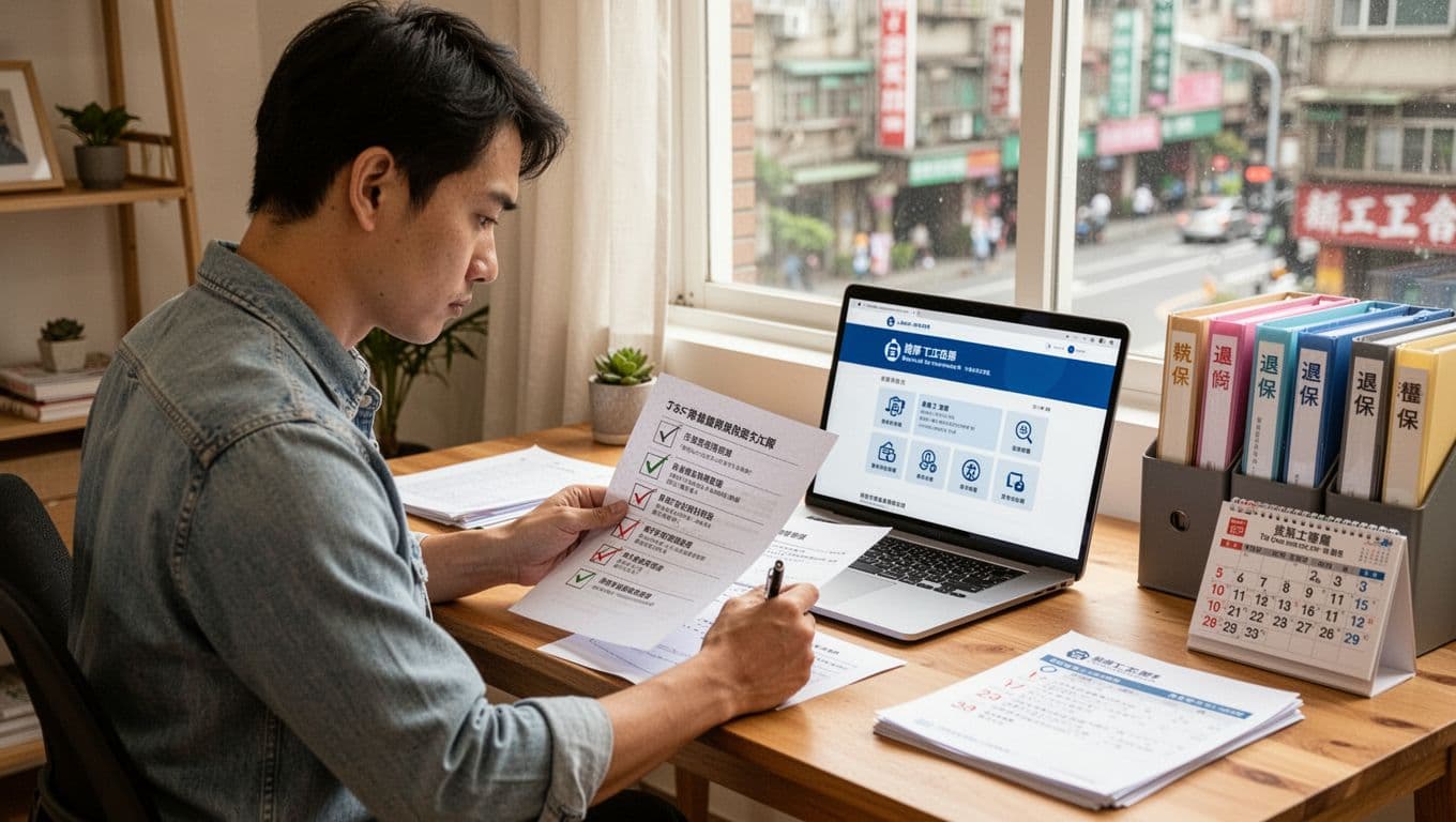 如何選低風險工會加保?三大風險比較一次看 A focused 30-year-old Taiwanese man in casual office attire sits at a wooden desk in a bright home office, carefully reviewing a printed checklist for union insurance transfer with labor documents, pen, and laptop showing Labor Department website.