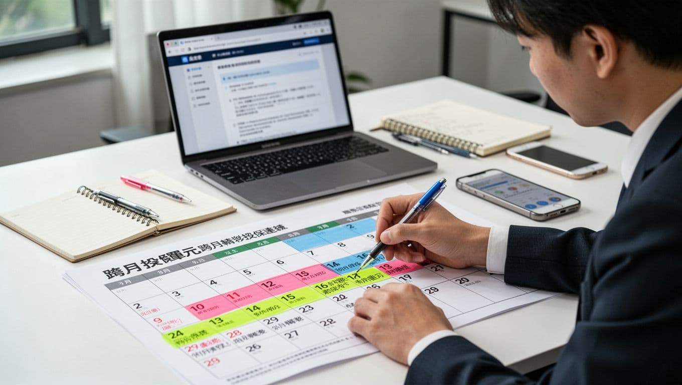接案者如何用月曆規畫法避免勞保空窗,確保投保連續 A focused Taiwanese marketing specialist at a modern office desk marks a large monthly calendar with colored pens to highlight cross-month insurance policy transfers and continuity, with laptop, notebook, and phone in the background.