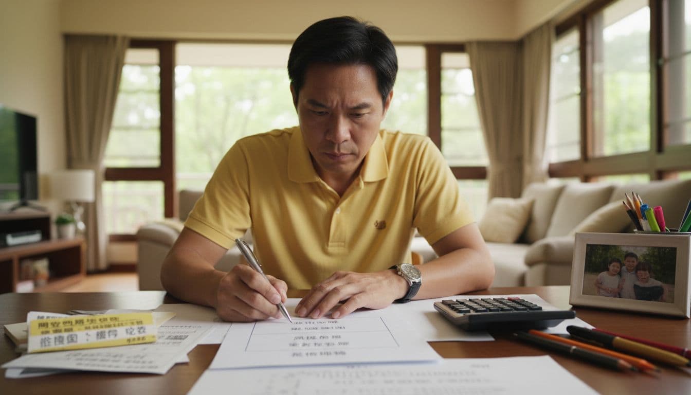一位四十多歲的台灣中年人坐在明亮的居家書桌前，專注製作一張三層預算排序表，桌上散放國民年金補繳通知單、計算機、紙筆和家庭照片。前景顯示手寫的表格，標示生存現金、風險保障、退休補強三層。背景是溫暖的客廳窗外綠樹，營造認真規劃財務壓力的氛圍。