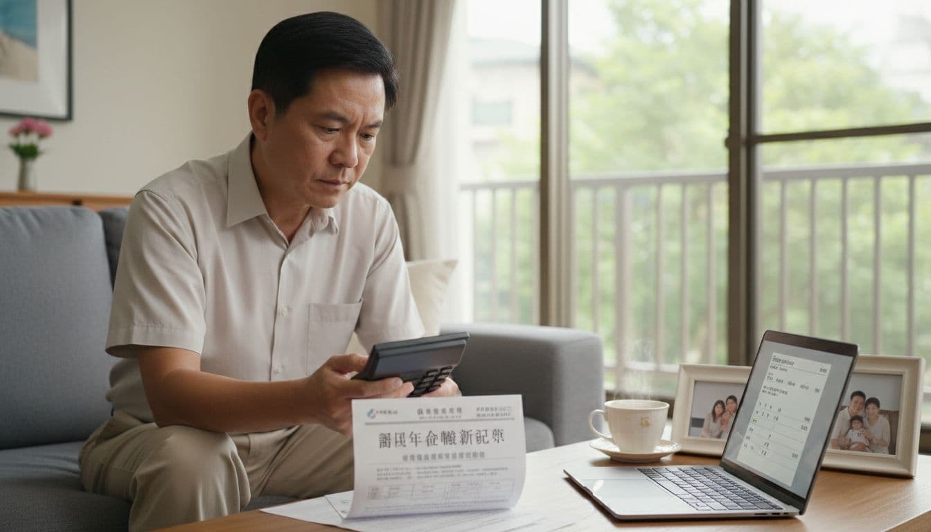 一位五十多歲的台灣中年人坐在舒適的客廳沙發上，手持計算機和國民年金補繳通知單，桌上擺放筆記本電腦顯示年金試算畫面、家庭照片和一杯熱茶。背景是溫暖的居家環境，窗外有綠樹。畫面聚焦中年人認真計算的表情，前景顯示計算機上的數字和通知單，營造思考退休規劃的氛圍。