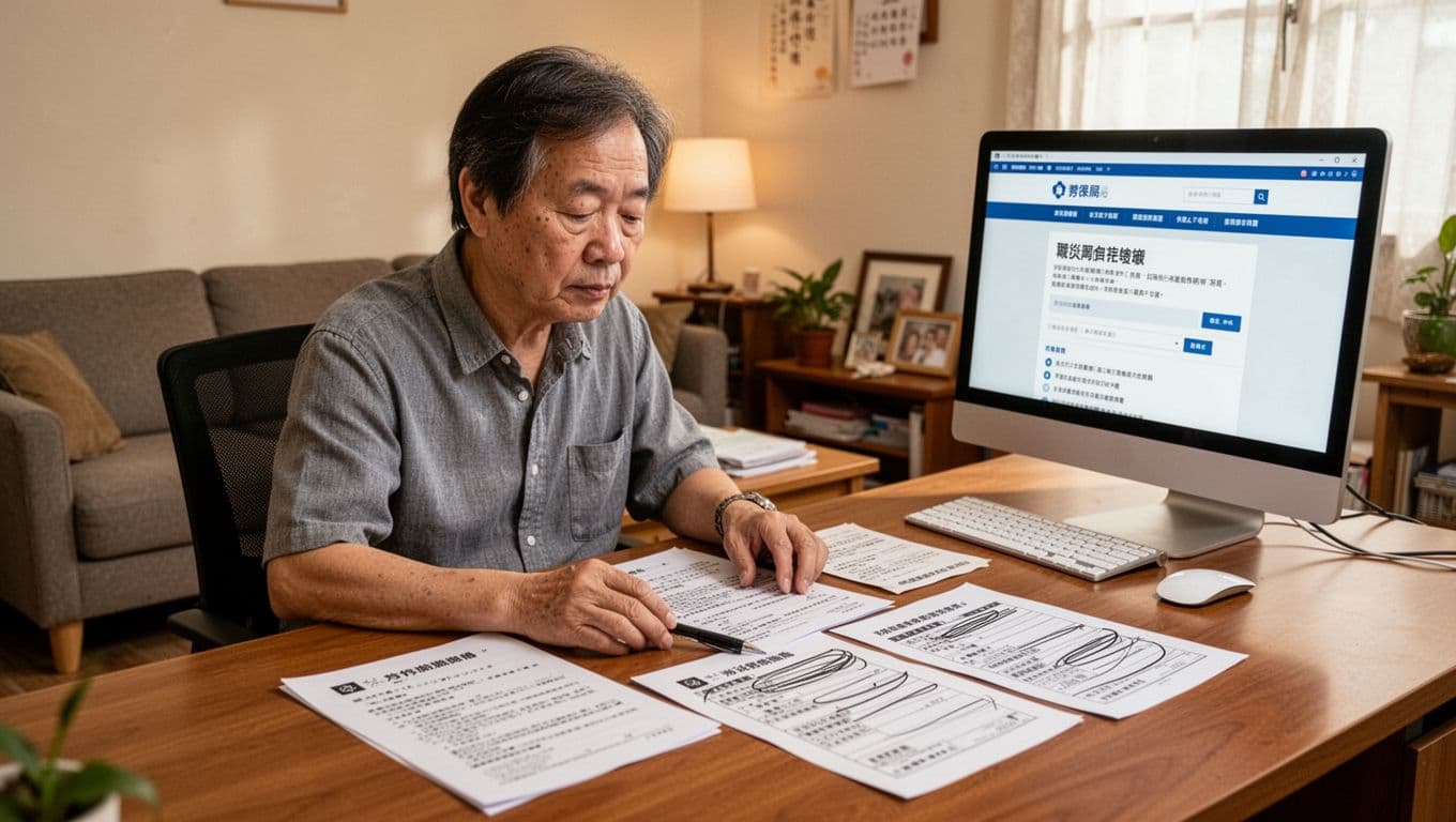 A middle-aged Taiwanese family member sits calmly at a desk in a simple living room, meticulously examining occupational injury documents including accident proofs, employer files, police reports, and medical receipts, with a computer displaying the Labor Insurance Bureau website nearby.