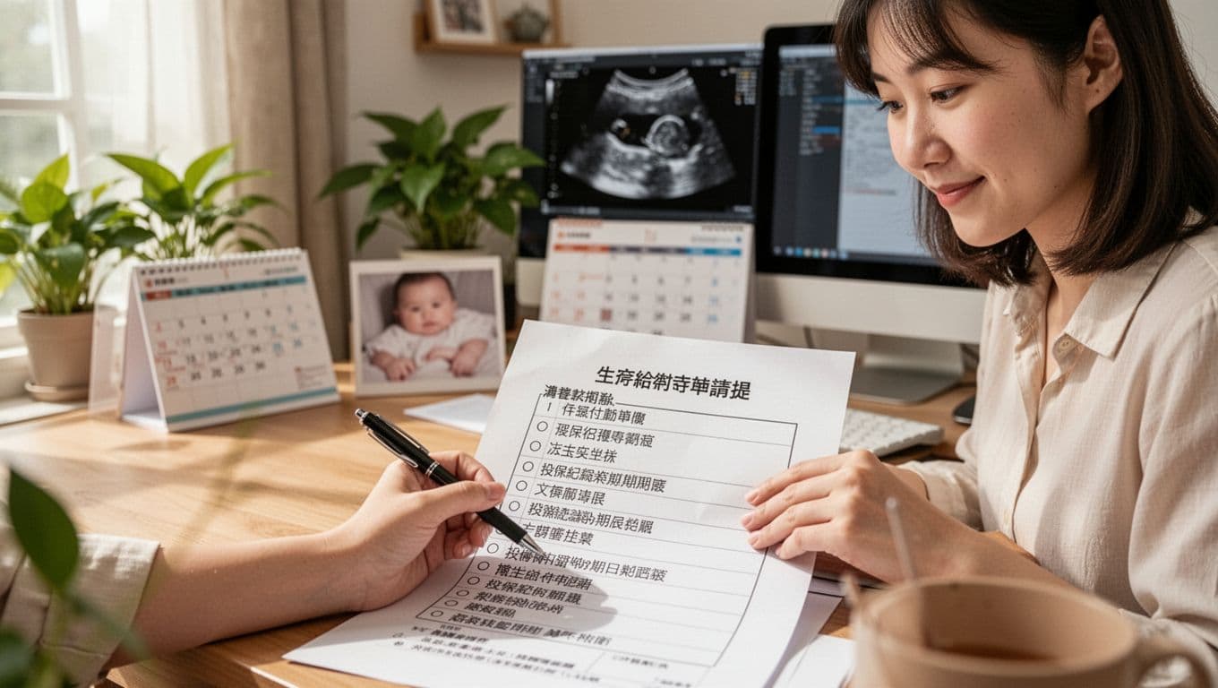 接案媽媽生育給付怎麼領:條件、金額與申請流程全解析 A young Taiwanese freelance mom sits at her warm home office desk, intently checking a maternity benefits application checklist with pen in hand and a relieved expression. Sharp foreground shows the checklist and hand details, with soft background including computer, baby ultrasound photo, calendar, and plants under natural window light.