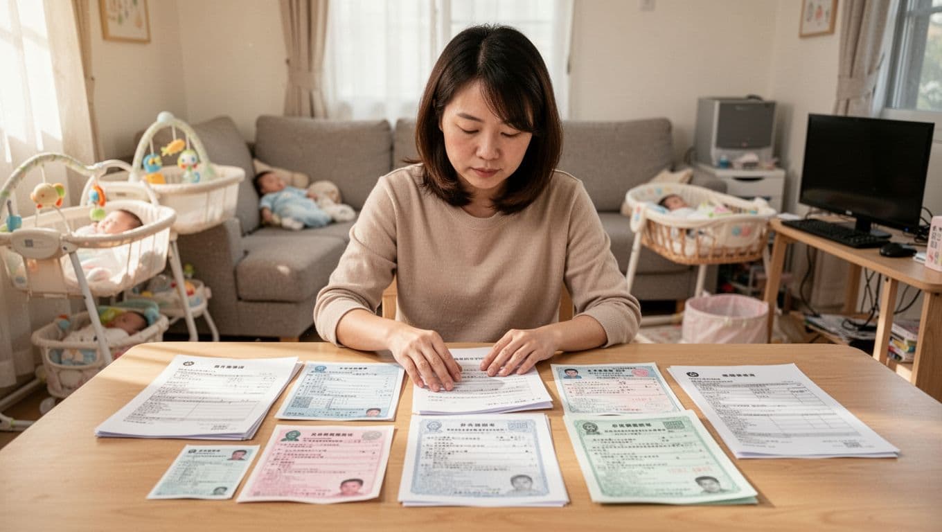 接案媽媽生育給付怎麼領:條件、金額與申請流程全解析 A Taiwanese freelance mom sits at a bright living room table, focused on sorting maternity grant application documents including application form, ID copy, household transcript, birth certificate, and insurance proof, neatly arranged with one hand touching them, baby supplies and computer in the background under warm natural light, realistic high-res photo.