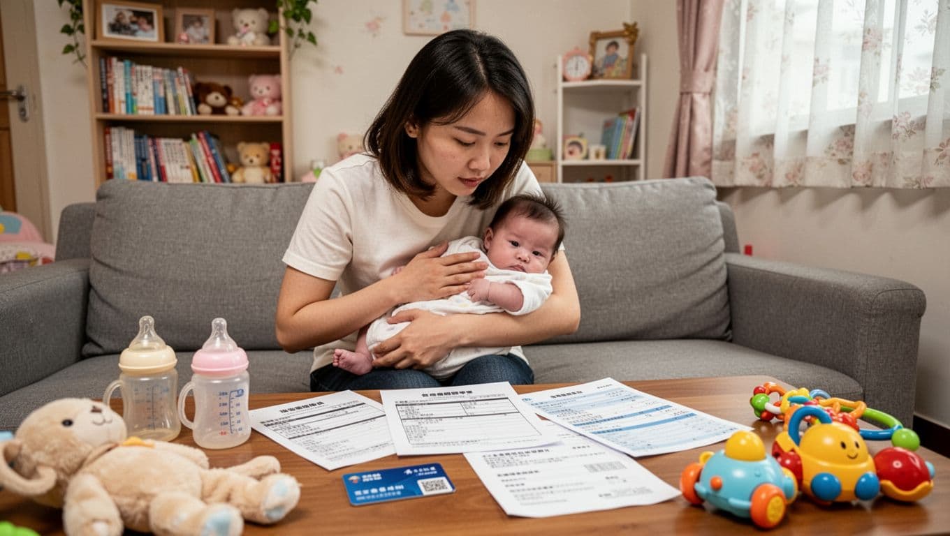 A young Taiwanese mother sits on her living room sofa at home, holding and gently patting her baby while focusing on scattered maternity leave applications, union membership card, and labor insurance payment slips on the table. The scene features baby items like bottles and toys in the foreground, a warm Taiwanese home background with parenting bookshelves and curtains, soft lighting, and a realistic high-resolution photo style.