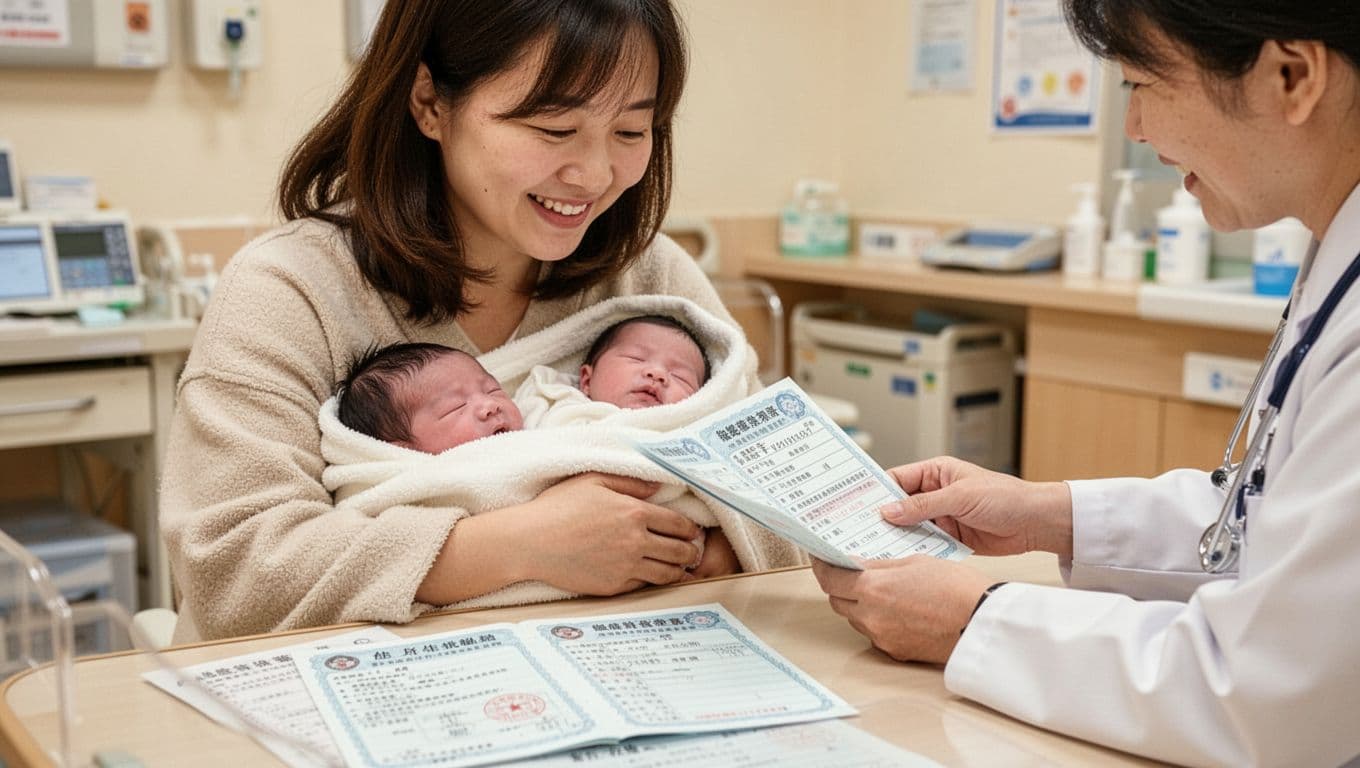 接案媽媽生育給付怎麼領:條件、金額與申請流程全解析 A joyful Taiwanese mother holds her healthy newborn wrapped in a blanket in a hospital or clinic, with a doctor's hand checking the infant health handbook and birth documents on the table. The scene focuses on the mother's smiling face, set against a soft medical background with warm lighting in a realistic high-resolution photo style.