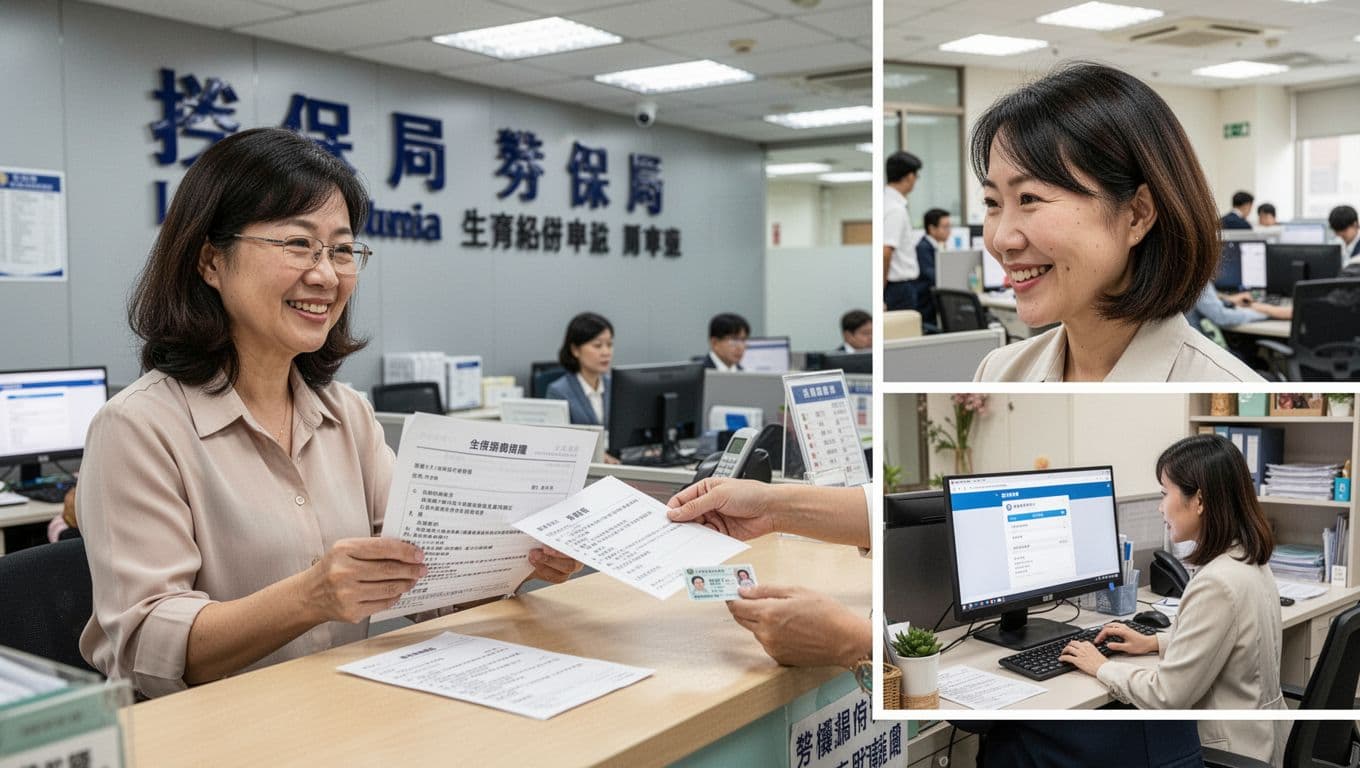接案媽媽生育給付怎麼領:條件、金額與申請流程全解析 A Taiwanese mother personally delivers her maternity benefit application documents and ID card to a smiling counter staff at the Labor Insurance Bureau office under bright lights, contrasting with a small inset of online home application, in a realistic high-resolution photo style with a single main scene.