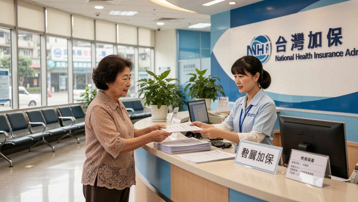 家庭主婦眷屬健保資料如何準備:完整文件清單與申辦步驟 A middle-aged housewife hands documents to staff at the bright Taiwanese National Health Insurance office counter with '眷屬加保' sign, in a clean modern lobby.
