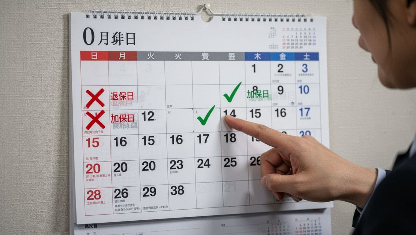 工會加保期間最容易忽略的10個小細節 Close-up of a realistic wall calendar in a Taiwanese office showing mid-October with red X on 15th '退保日', empty 16th, and green check on 17th '加保日', with a hand pointing worriedly to the gap.