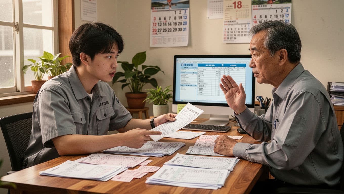 A young male employee in casual attire points relaxedly at labor insurance papers on a cluttered wooden desk while his middle-aged Taiwanese boss nods attentively in a softly lit office.