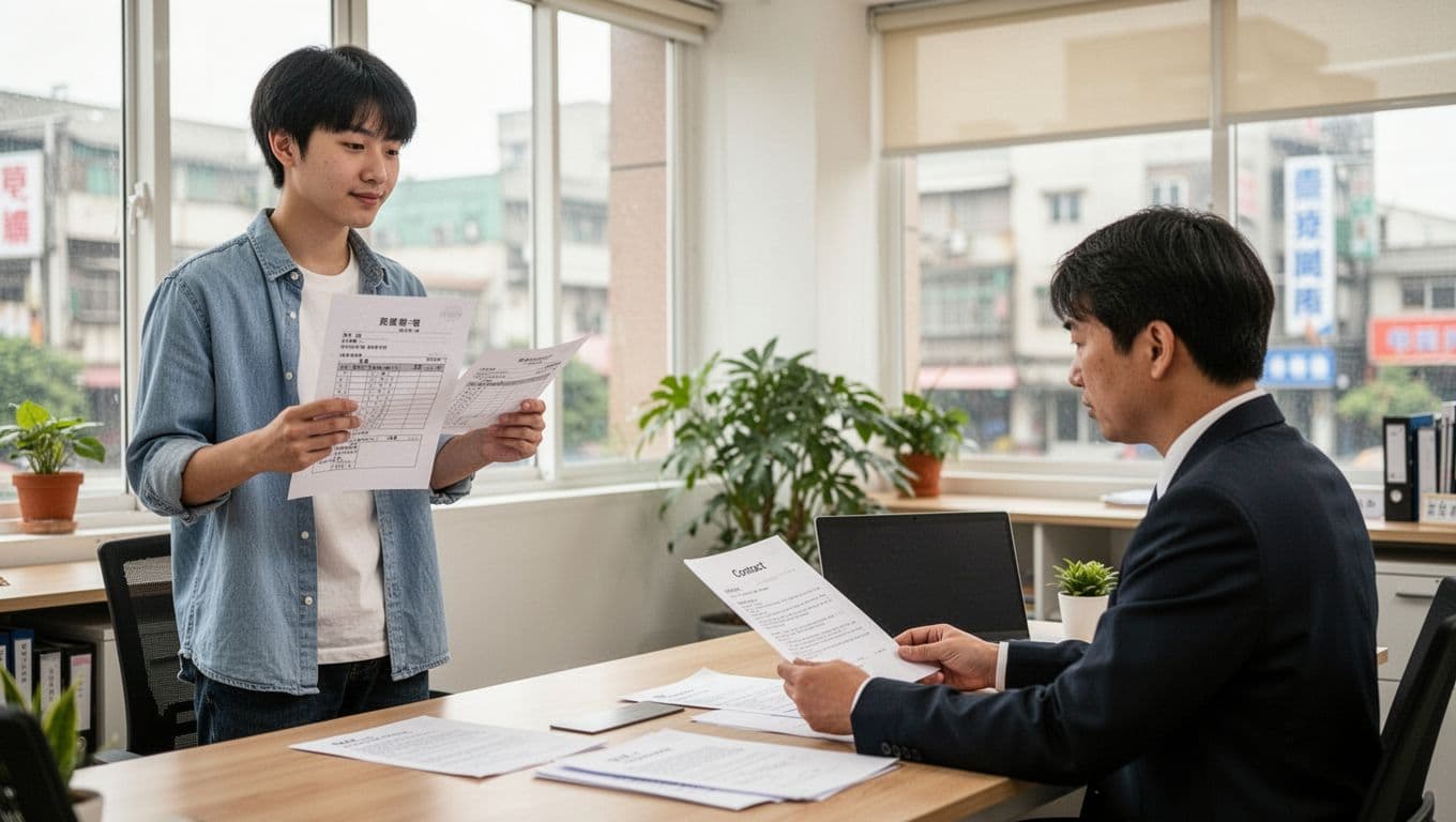 工會退保後勞保空窗怎麼補?4種可行選項完整整理 A young employee stands relaxed in a bright Taiwanese office, holding an employment contract and attendance records, while facing an employer at a desk who reviews papers naturally under warm natural window light.