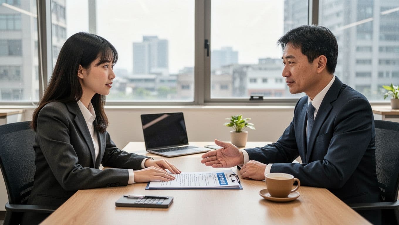 工會退保後勞保空窗怎麼補?4種可行選項完整整理 In a modern Taiwanese office bathed in bright daylight, a young employee points relaxed to a labor insurance contract on the desk while the employer nods in agreement, with a laptop and coffee nearby creating a warm collaborative mood.