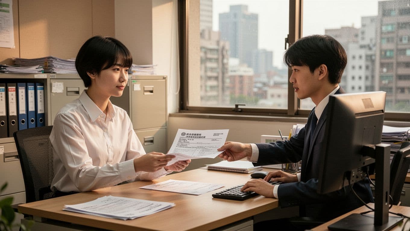A realistic daytime scene in a Taiwanese office where one employer hands labor insurance documents to one young employee seated at a desk with a computer, featuring office elements like filing cabinets and a city view window in warm, professional lighting.