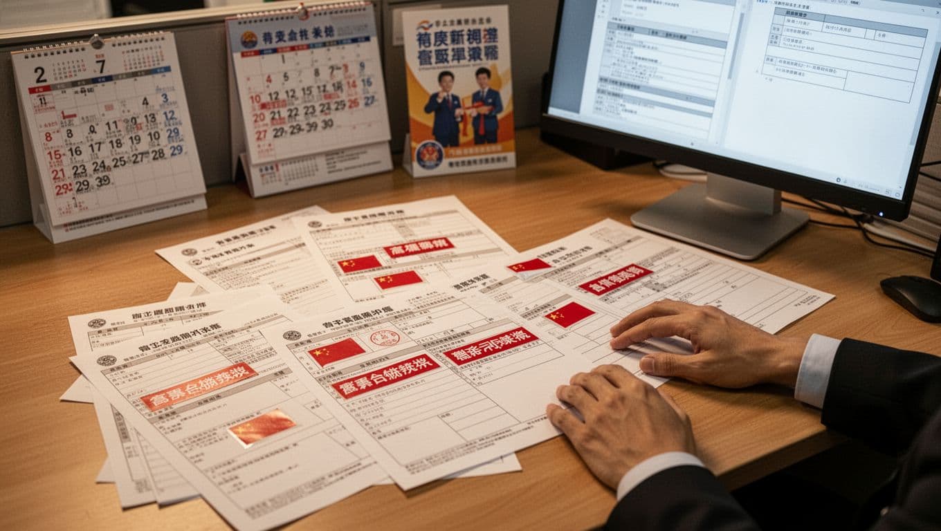 A realistic Taiwanese office desk scene features scattered labor insurance forms marked by red flag stickers for high salary brackets, recent benefit claims, mismatched job categories, and inconsistent personal data. Exactly one person's hands rest naturally on the desk, with a computer screen showing abstract forms at an angle, warm office lighting, and background props like a calendar and union brochure, in a professional documentary style.