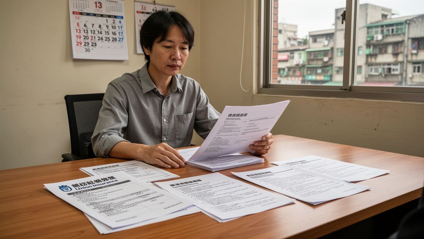 工會加保被要求面談,常見問題有哪些? A single person in a Taiwanese office sits at a wooden desk reviewing labor insurance documents including freelance contracts and job descriptions, with relaxed hands and a calm professional atmosphere featuring natural daylight from an urban window view.