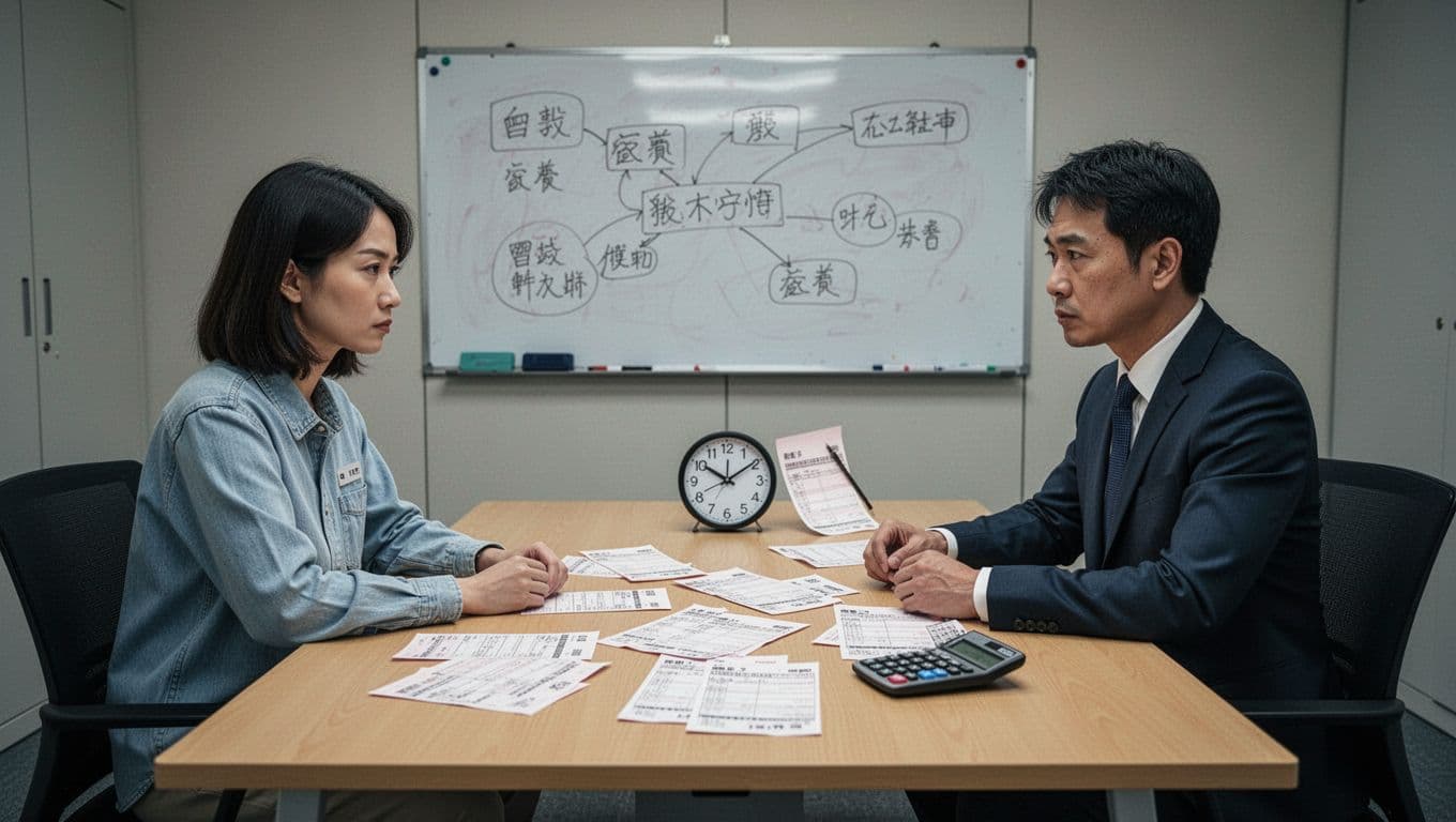 Realistic photorealistic scene in a Taiwanese office meeting room with exactly two people—a worker in everyday clothes and an employer in business attire—seated across a simple wooden table scattered with salary slips, overtime records, a calculator, and a late-hour clock, discussing wage disputes professionally.