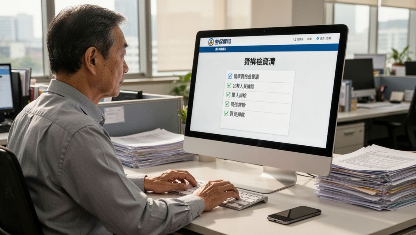 A middle-aged Taiwanese office worker in side view sits at his computer in an office, browsing the Labor Insurance Bureau website to self-check labor insurance qualifications, with a simple eligibility checklist on screen excluding public servants and military personnel. Office desk has a stack of documents and phone under natural daylight lighting, professional realistic style with fine details.