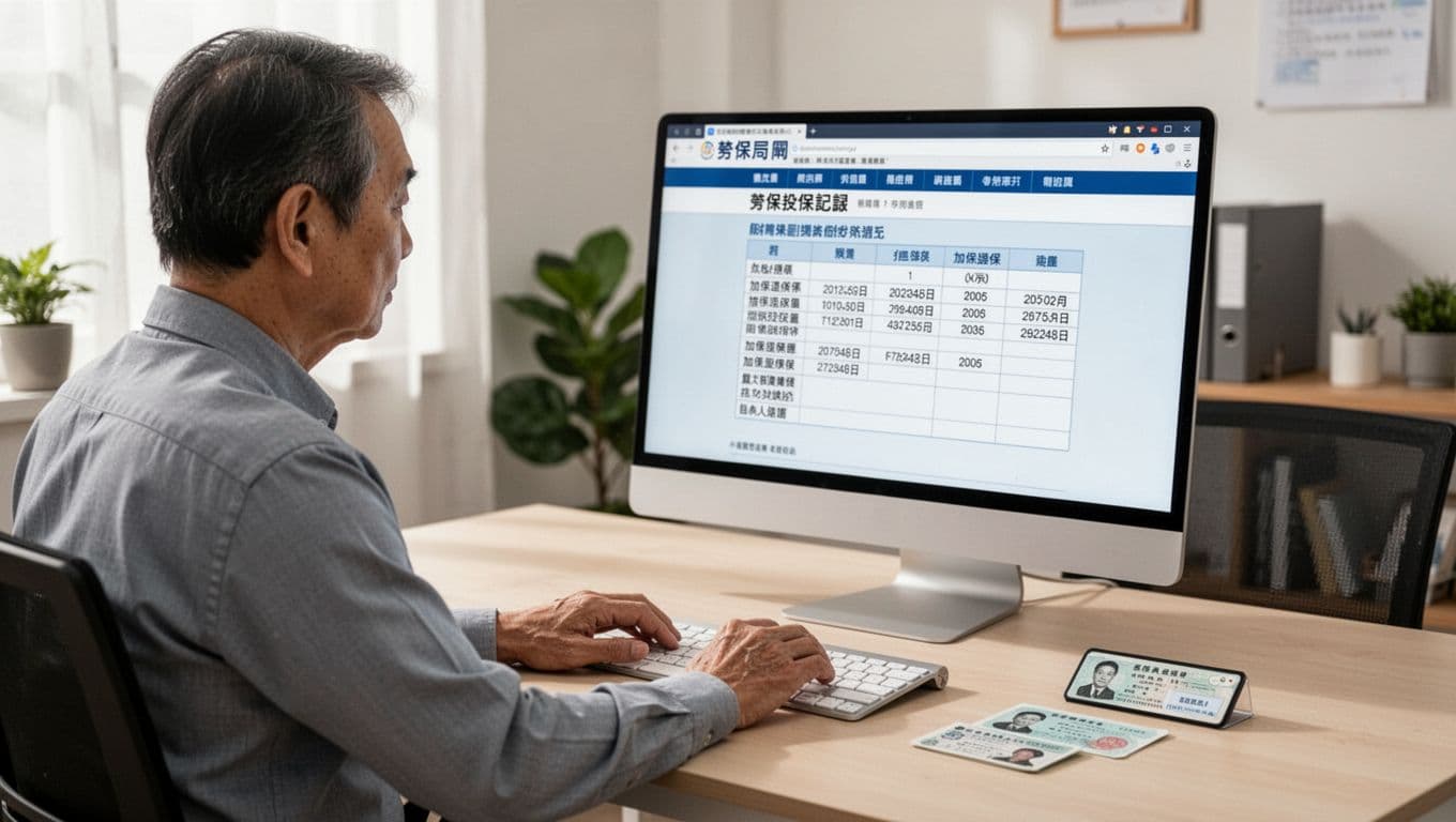 工會退保後勞保空窗怎麼補?4種可行選項完整整理 A middle-aged Taiwanese office worker sits at a home office desk, using a computer to access the Labor Insurance Bureau website and view enrollment and withdrawal date tables on the screen, with ID card and natural person certificate nearby, in a bright professional atmosphere with soft natural light.